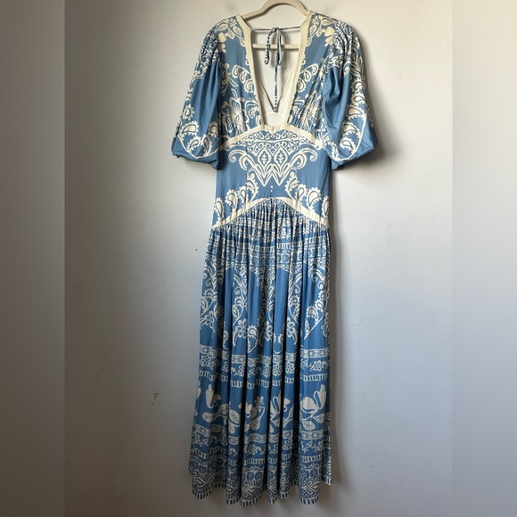 FARM RIO ANTHROPOLOGIE Elegant Blue and Cream Women's Dress - Picture 9 of 14